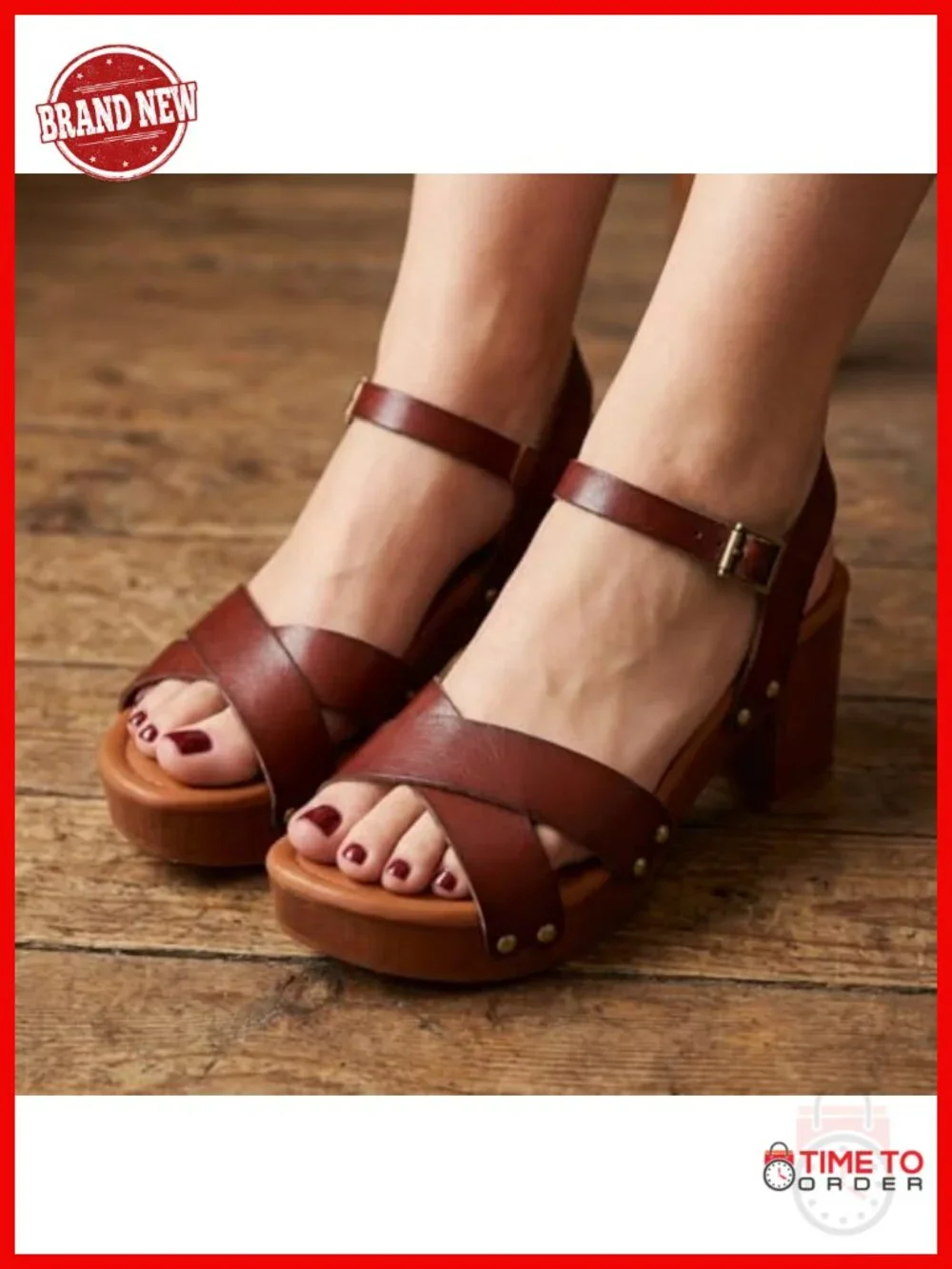 Faux Wood Block Heel Platform Sandal Ankle Strap Open Toe Women